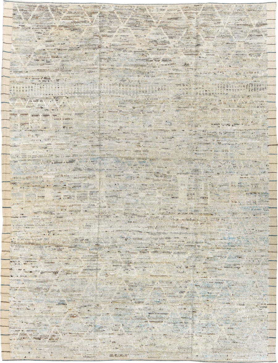 9' x 11' one-of-a-kind handmade vintage Tulu large size rug. Color palette: ivory, cream, taupe, pale blue, brown, gray