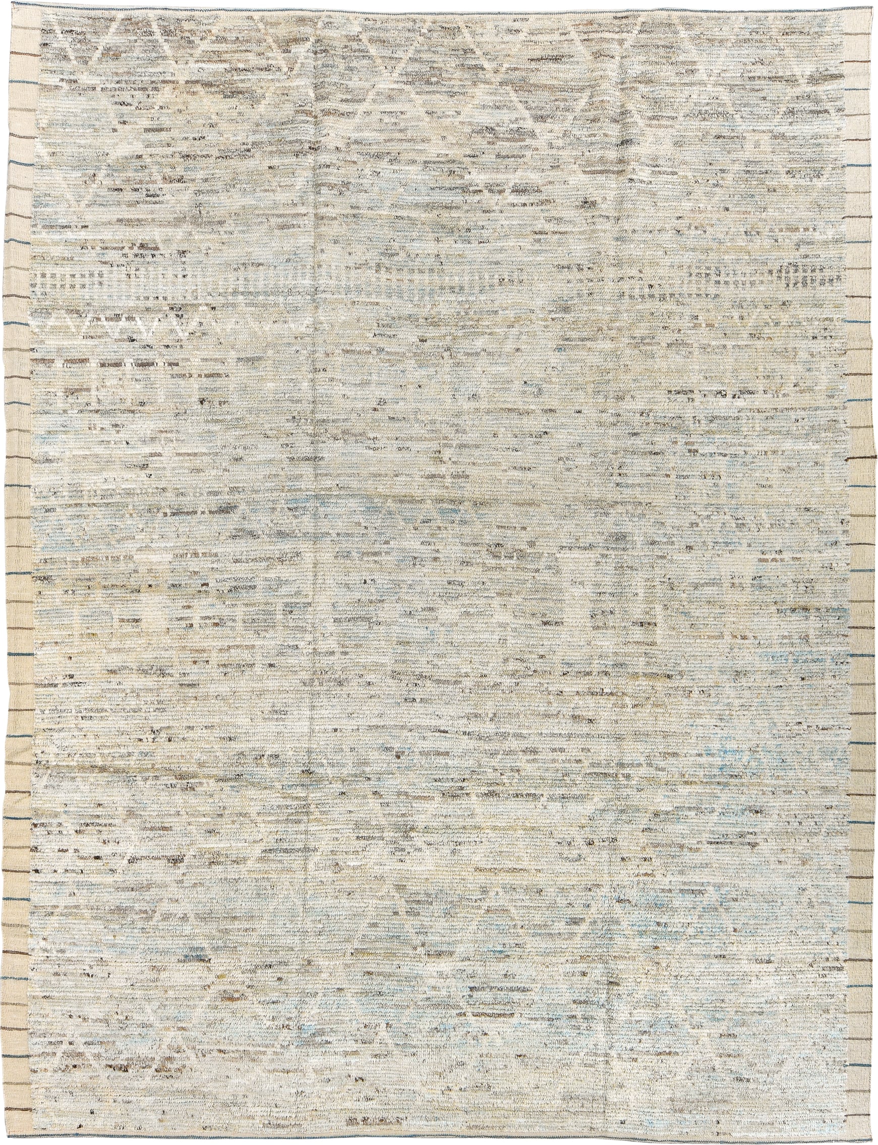 9' x 11' one-of-a-kind handmade vintage Tulu large size rug. Color palette: ivory, cream, taupe, pale blue, brown, gray