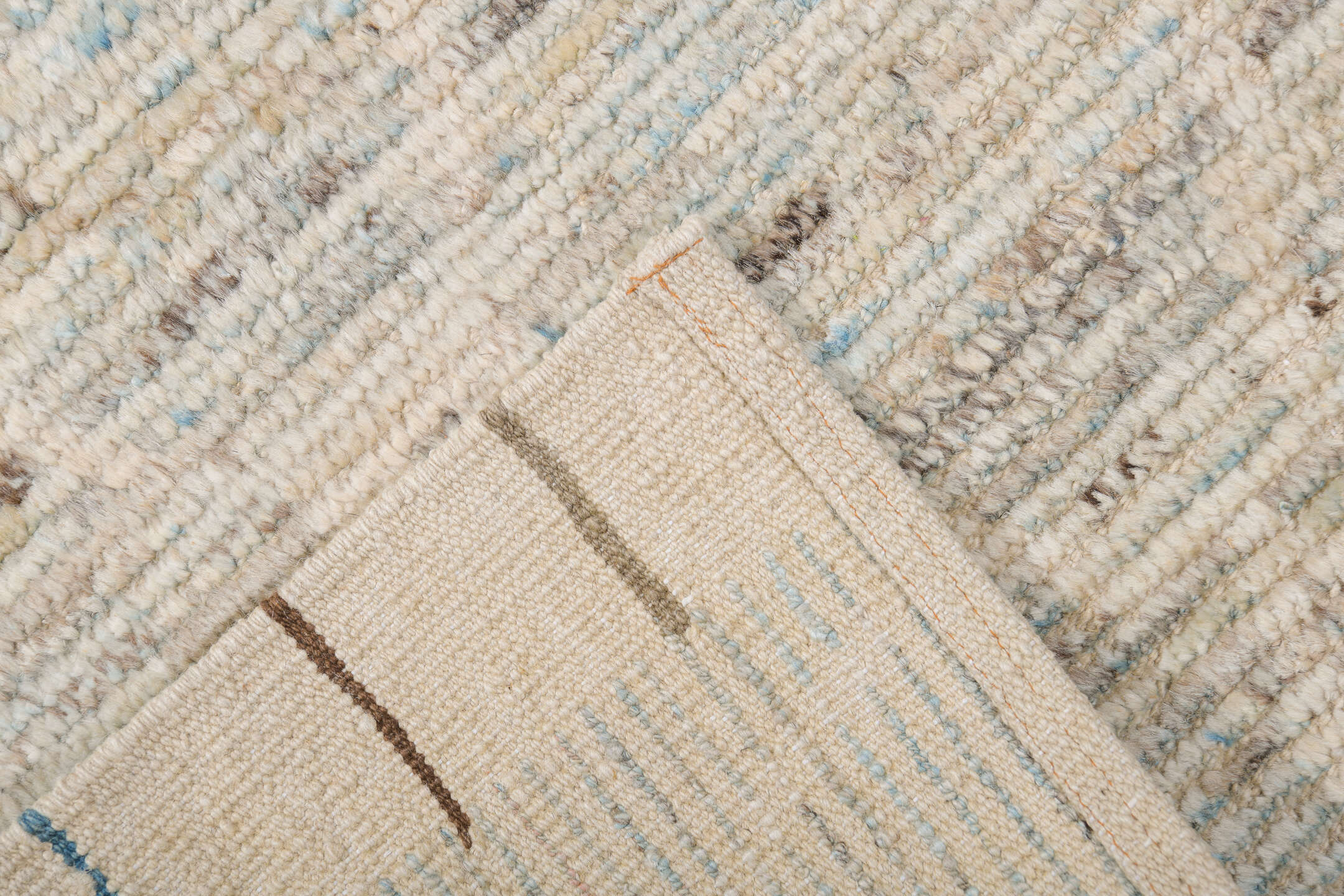 9' x 11' one-of-a-kind handmade vintage Tulu large size rug. Color palette: ivory, cream, taupe, pale blue, brown, gray