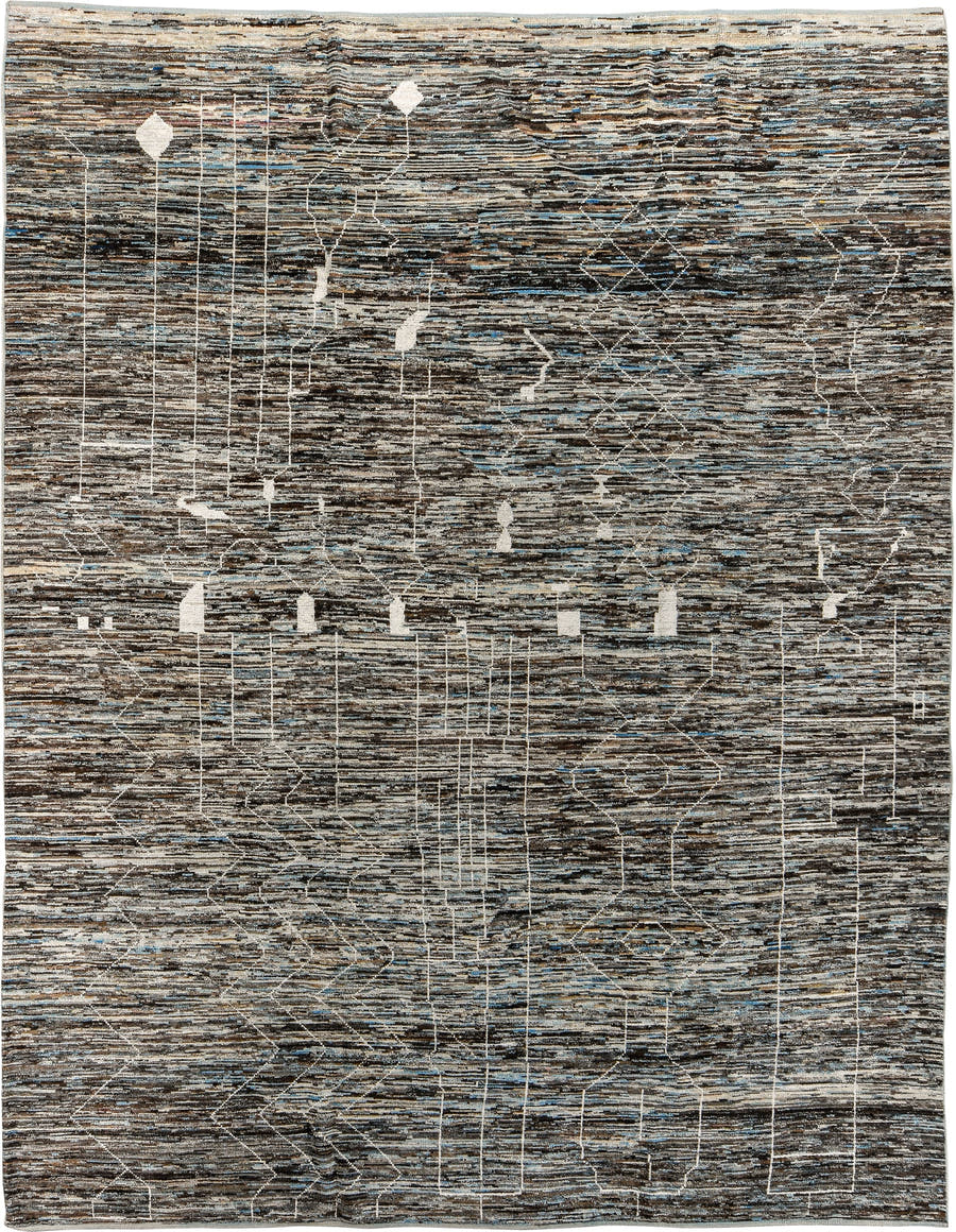 9' x 12' one-of-a-kind handmade vintage Tulu large size rug. Color palette: charcoal, ivory, taupe, blue gray, slate, camel
