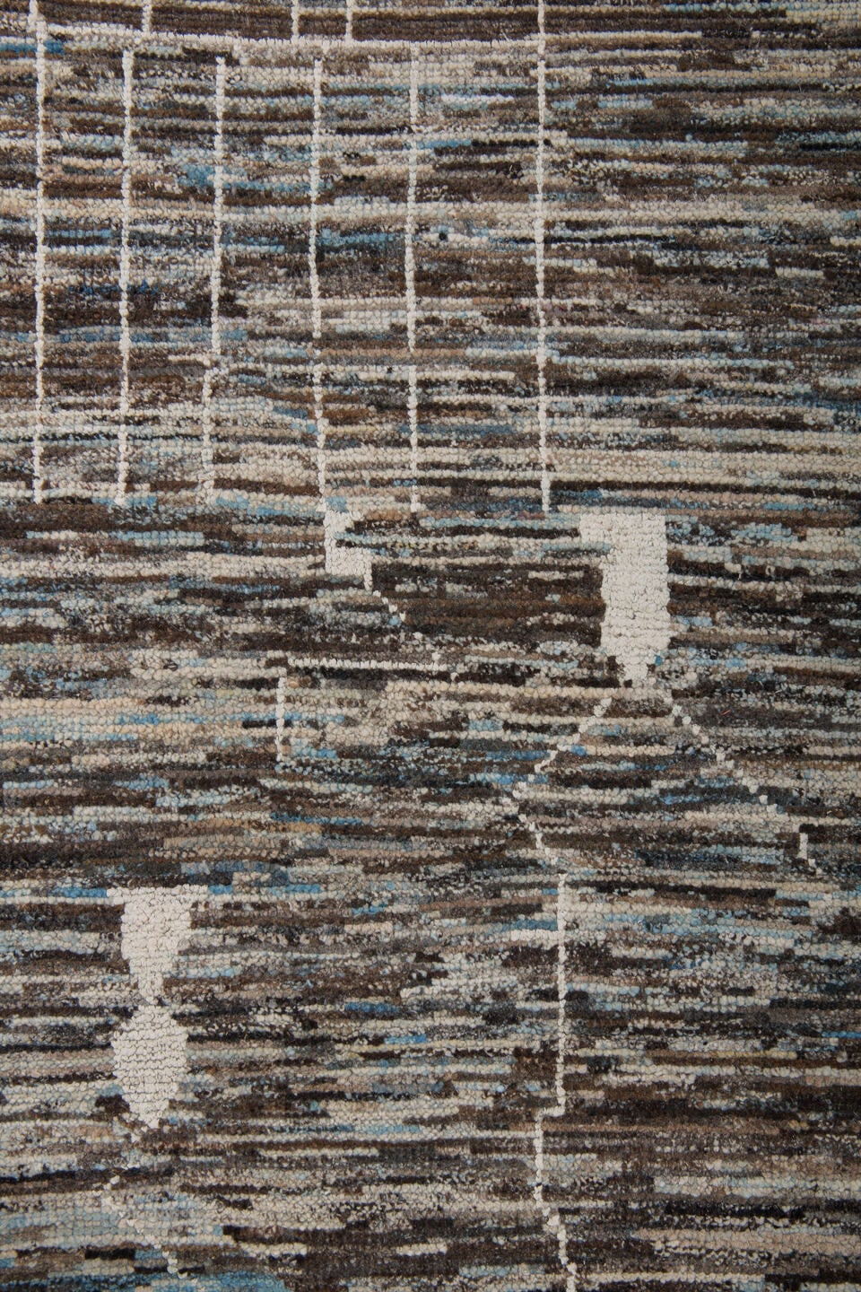 9' x 12' one-of-a-kind handmade vintage Tulu large size rug. Color palette: charcoal, ivory, taupe, blue gray, slate, camel