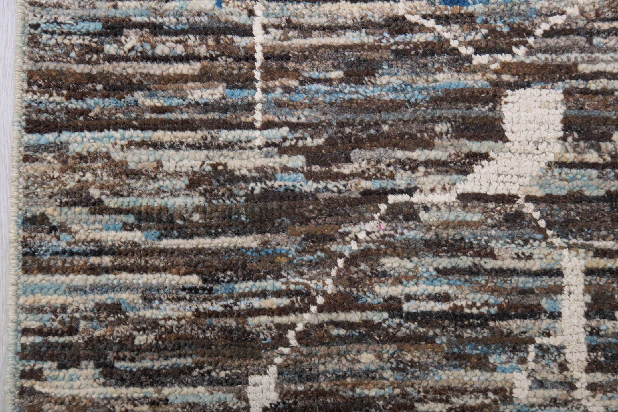 9' x 12' one-of-a-kind handmade vintage Tulu large size rug. Color palette: charcoal, ivory, taupe, blue gray, slate, camel