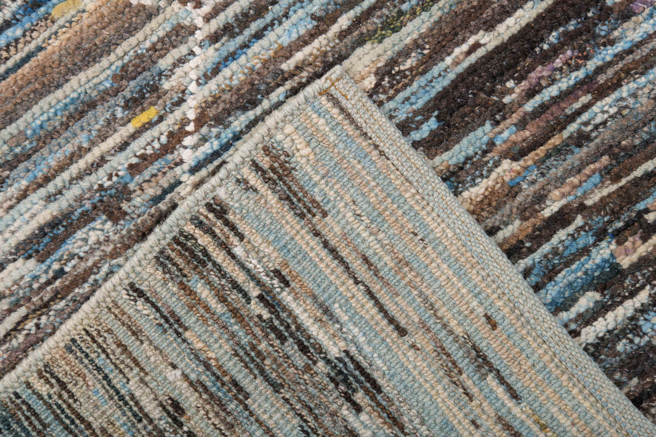 9' x 12' one-of-a-kind handmade vintage Tulu large size rug. Color palette: charcoal, ivory, taupe, blue gray, slate, camel
