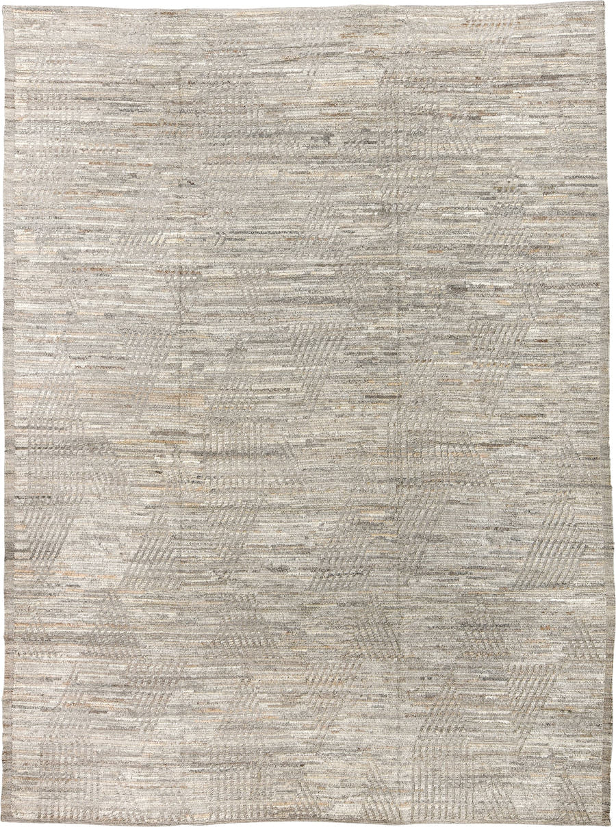 9' x 12' one-of-a-kind handmade vintage Tulu large size rug. Color palette: ivory, taupe, gray, beige, camel