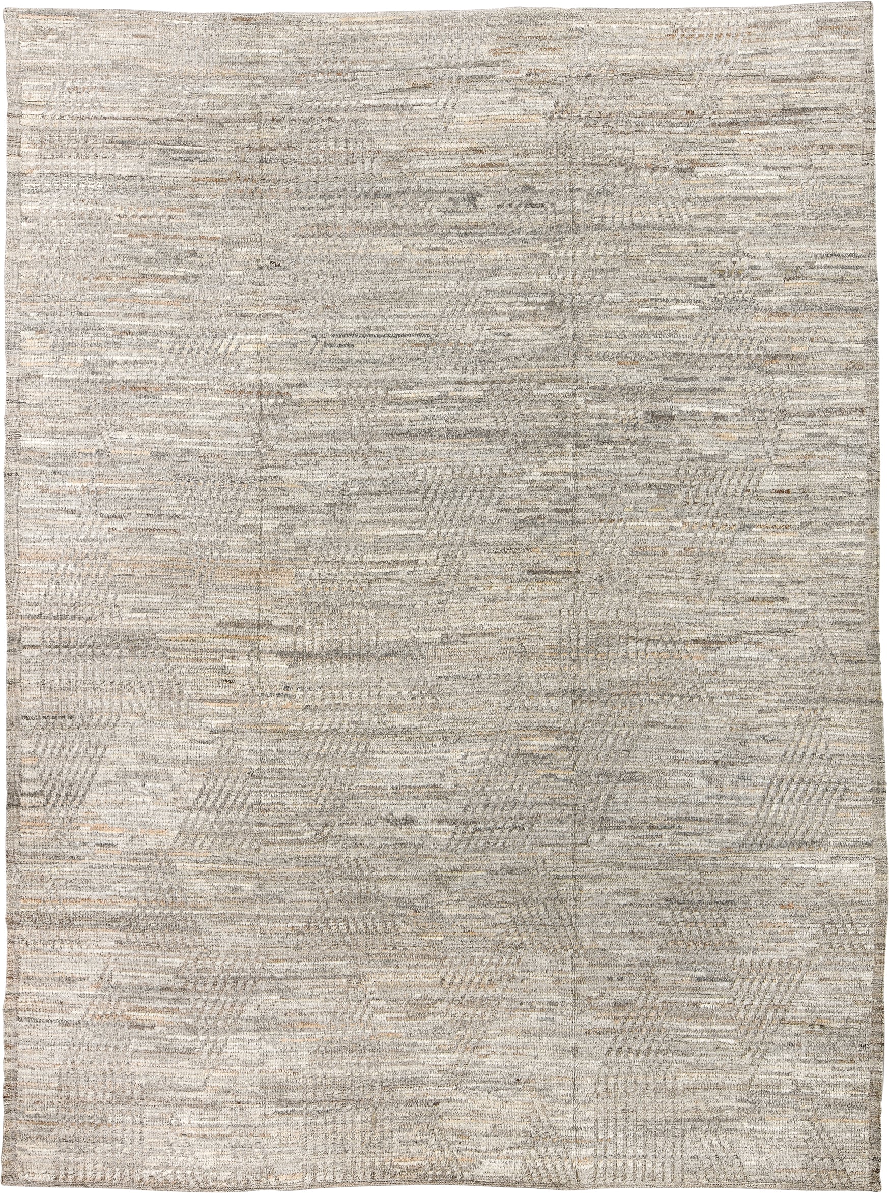 9' x 12' one-of-a-kind handmade vintage Tulu large size rug. Color palette: ivory, taupe, gray, beige, camel