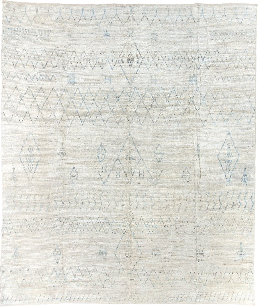 12' x 14' one-of-a-kind handmade vintage Tulu oversize rug. Color palette: ivory, pale blue, taupe, cream, light gray