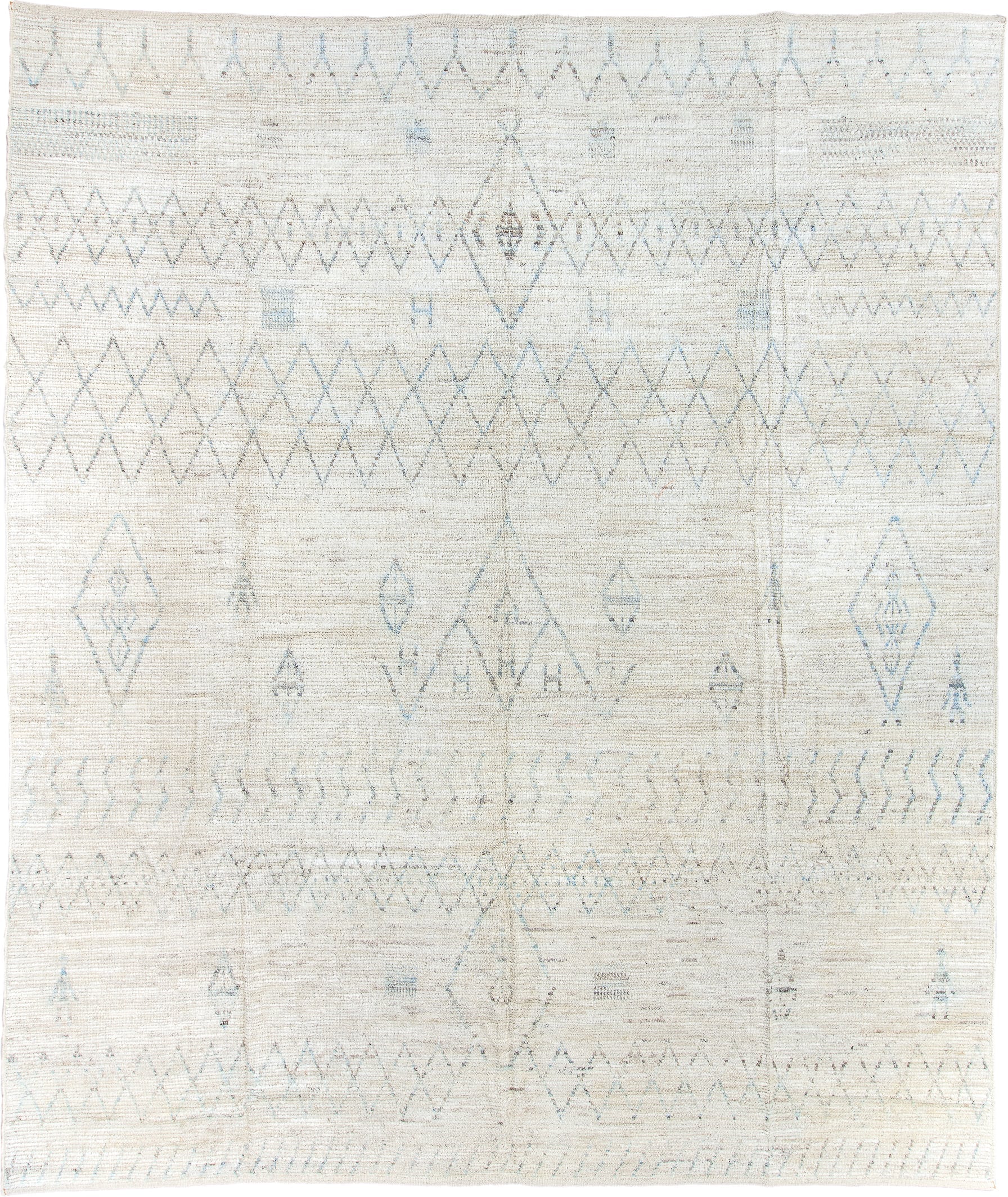 12' x 14' one-of-a-kind handmade vintage Tulu oversize rug. Color palette: ivory, pale blue, taupe, cream, light gray