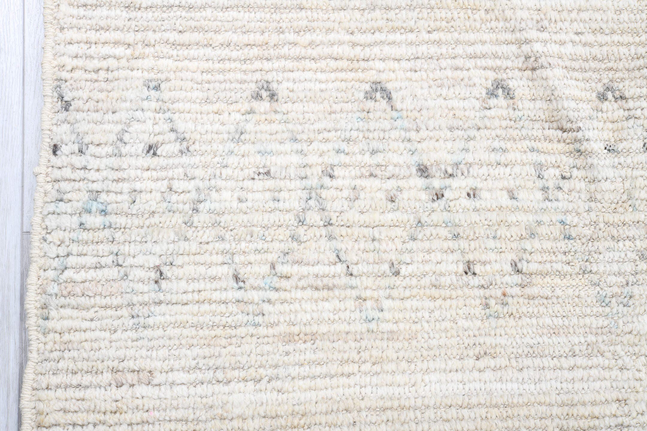 12' x 14' one-of-a-kind handmade vintage Tulu oversize rug. Color palette: ivory, pale blue, taupe, cream, light gray