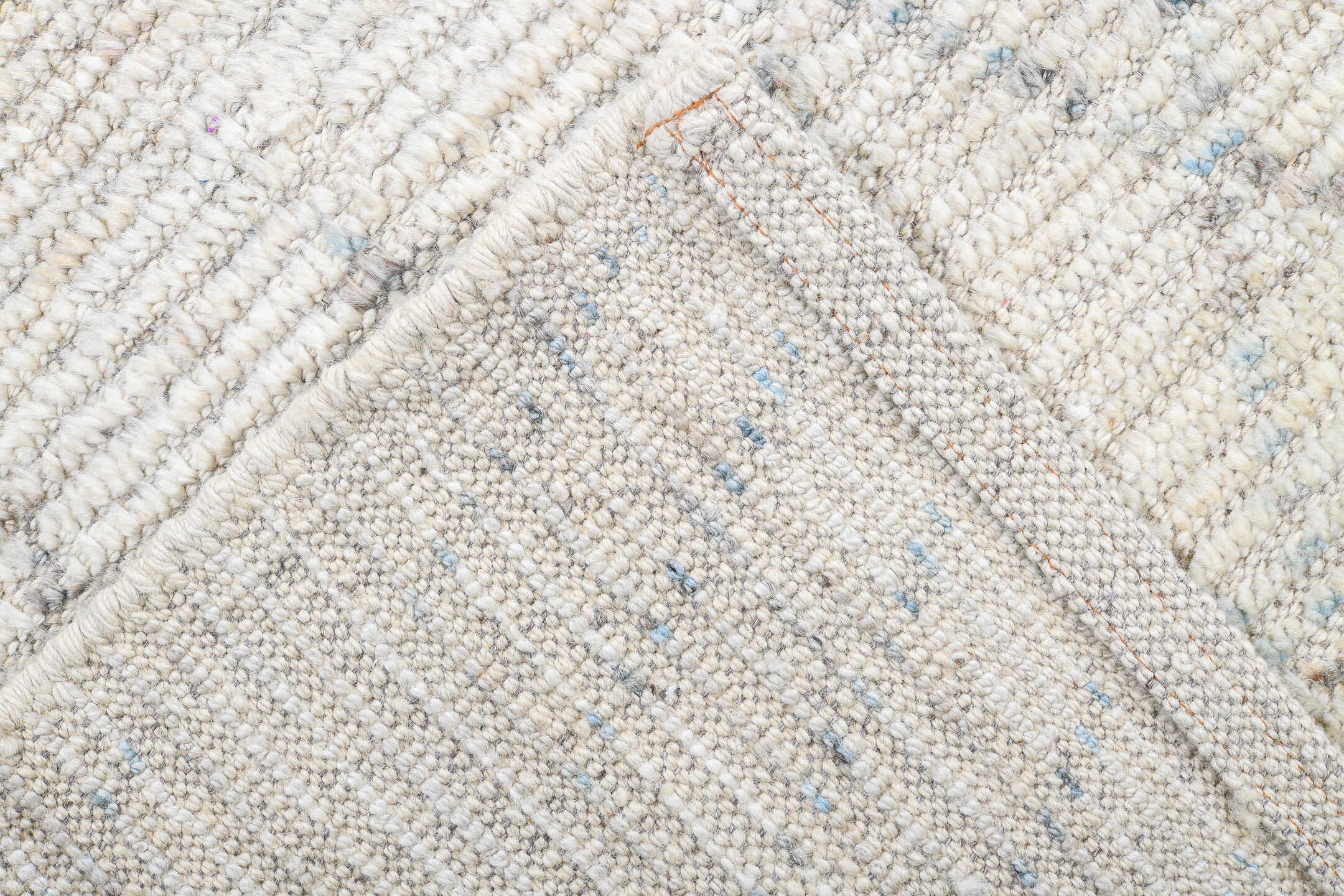 12' x 14' one-of-a-kind handmade vintage Tulu oversize rug. Color palette: ivory, pale blue, taupe, cream, light gray