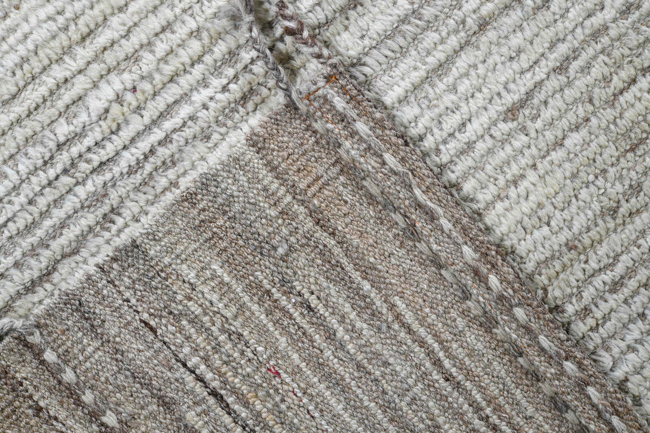 9' x 11' one-of-a-kind handmade vintage Tulu large size rug. Color palette: ivory, cream, taupe, beige, light gray, gray