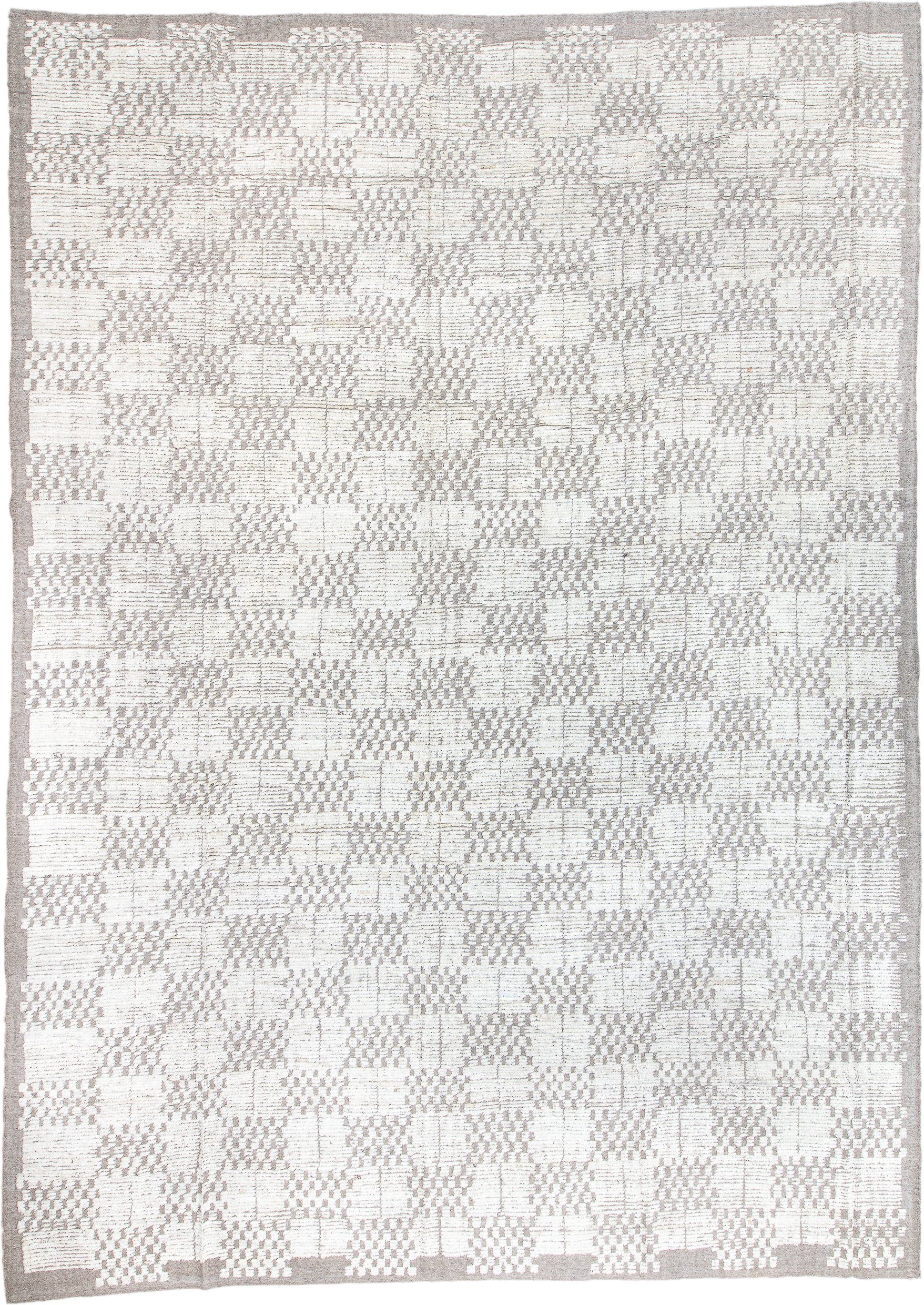 13' x 19' one-of-a-kind handmade vintage Tulu oversize rug. Color palette: ivory, taupe, cream, light gray, beige, gray
