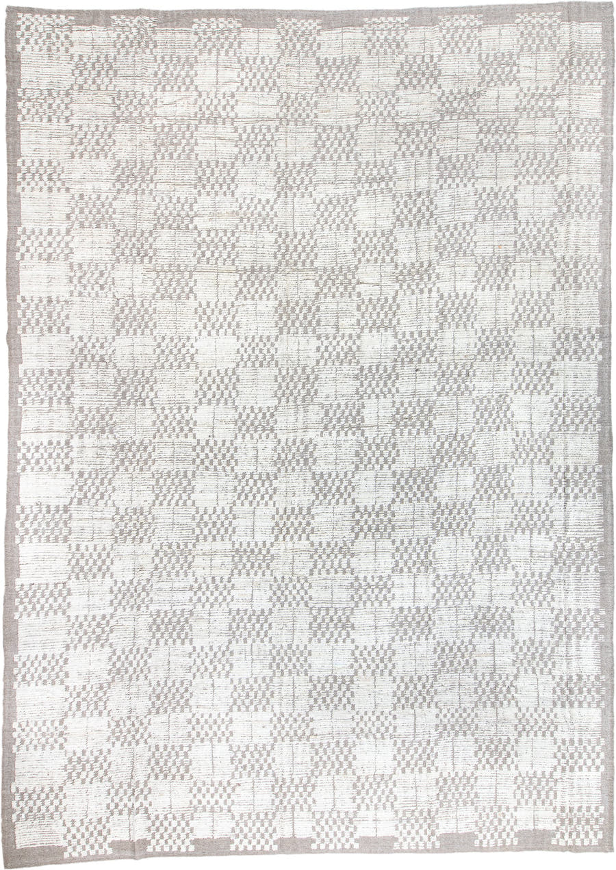 13' x 19' one-of-a-kind handmade vintage Tulu oversize rug. Color palette: ivory, taupe, cream, light gray, beige, gray