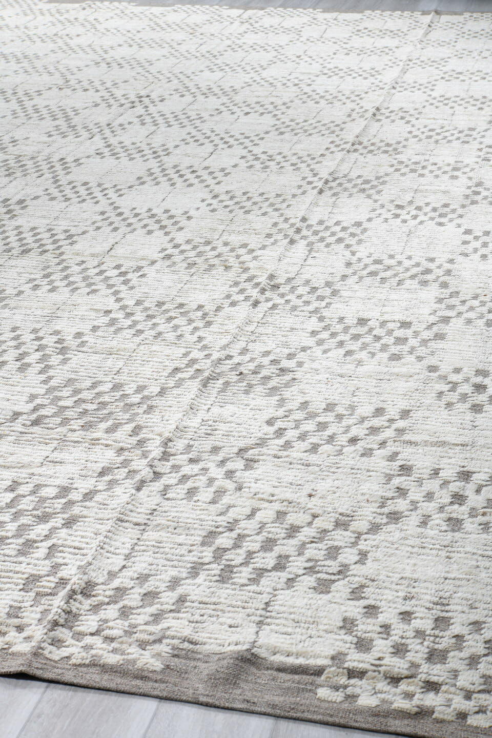 13' x 19' one-of-a-kind handmade vintage Tulu oversize rug. Color palette: ivory, taupe, cream, light gray, beige, gray