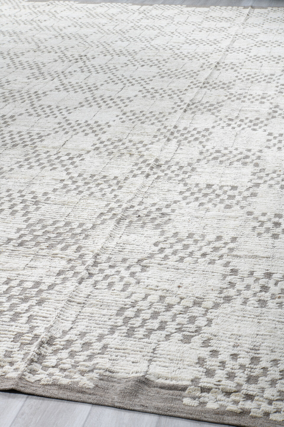 13' x 19' one-of-a-kind handmade vintage Tulu oversize rug. Color palette: ivory, taupe, cream, light gray, beige, gray