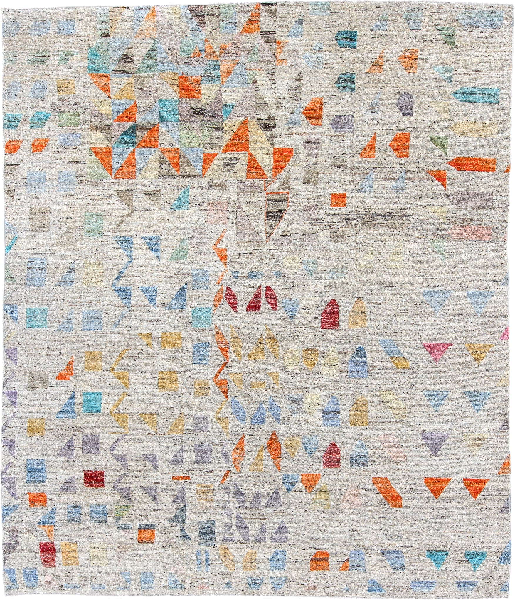 9' x 11' one-of-a-kind handmade vintage Tulu large size rug. Color palette: ivory, sky blue, aqua, coral, saffron, lavender