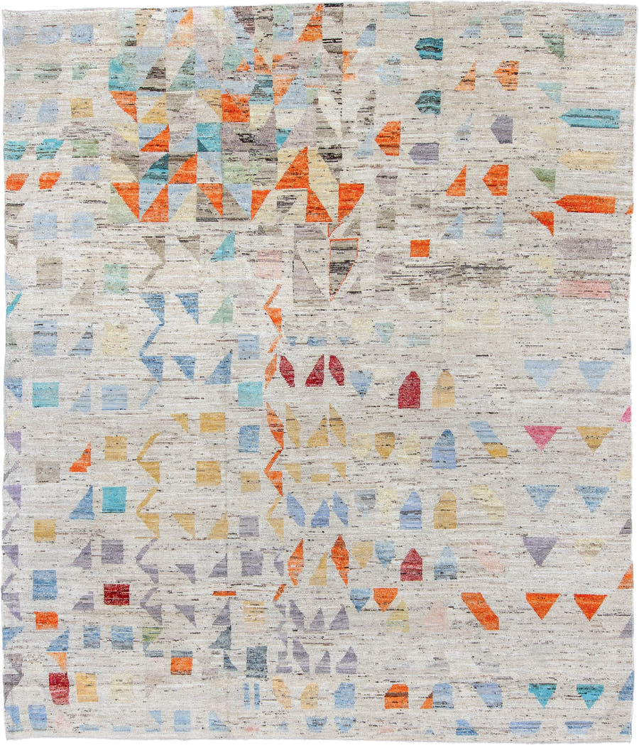 9' x 11' one-of-a-kind handmade vintage Tulu large size rug. Color palette: ivory, sky blue, aqua, coral, saffron, lavender