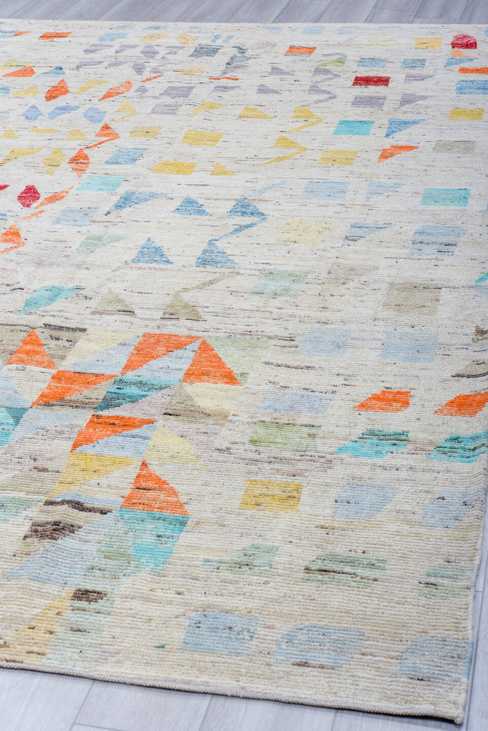 9' x 11' one-of-a-kind handmade vintage Tulu large size rug. Color palette: ivory, sky blue, aqua, coral, saffron, lavender