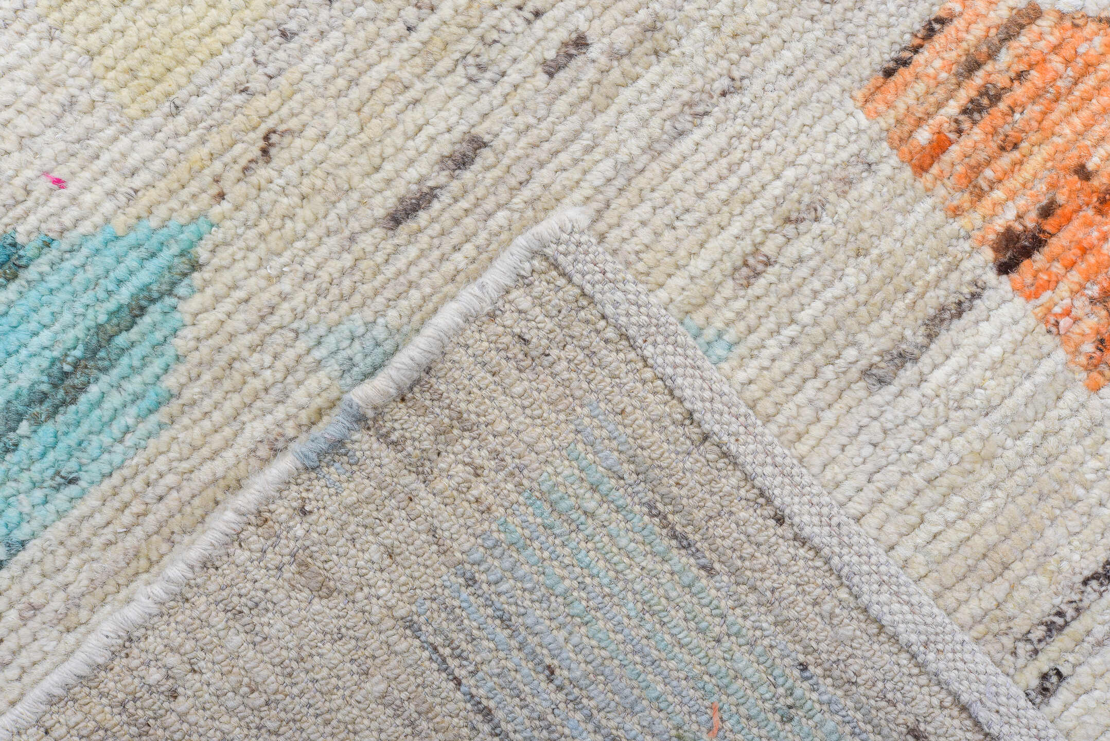 9' x 11' one-of-a-kind handmade vintage Tulu large size rug. Color palette: ivory, sky blue, aqua, coral, saffron, lavender
