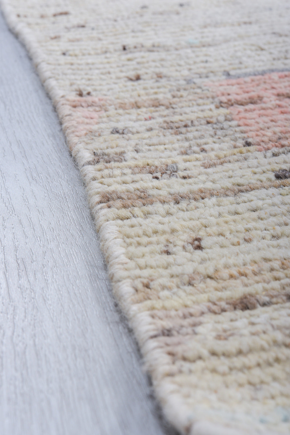9' x 11' one-of-a-kind handmade vintage Tulu large size rug. Color palette: ivory, sky blue, aqua, coral, saffron, lavender