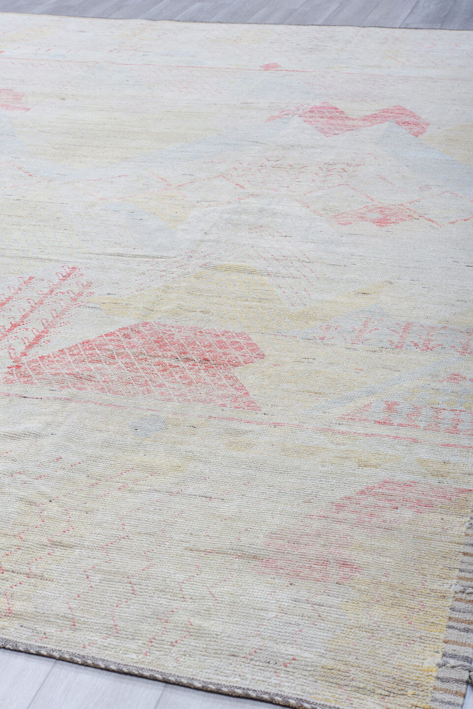 10' x 13' one-of-a-kind handmade vintage Tulu large size rug. Color palette: ivory, blush, pale gold, cream, taupe