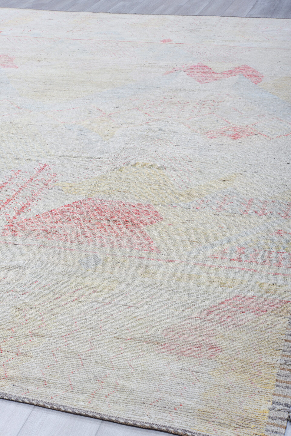 10' x 13' one-of-a-kind handmade vintage Tulu large size rug. Color palette: ivory, blush, pale gold, cream, taupe