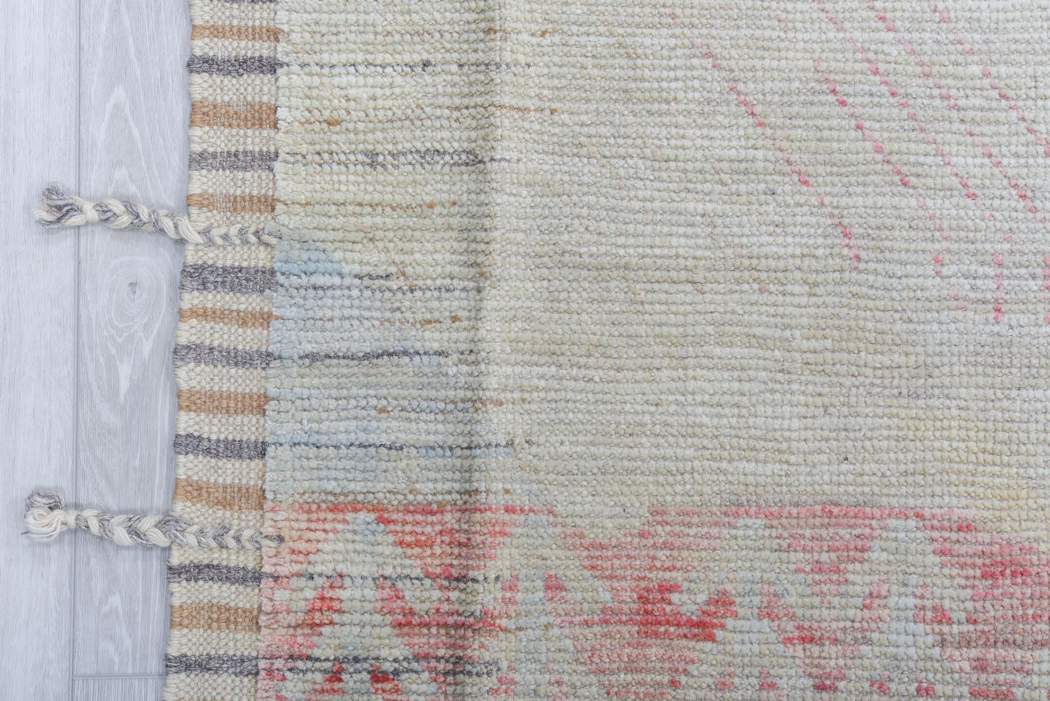 10' x 13' one-of-a-kind handmade vintage Tulu large size rug. Color palette: ivory, blush, pale gold, cream, taupe