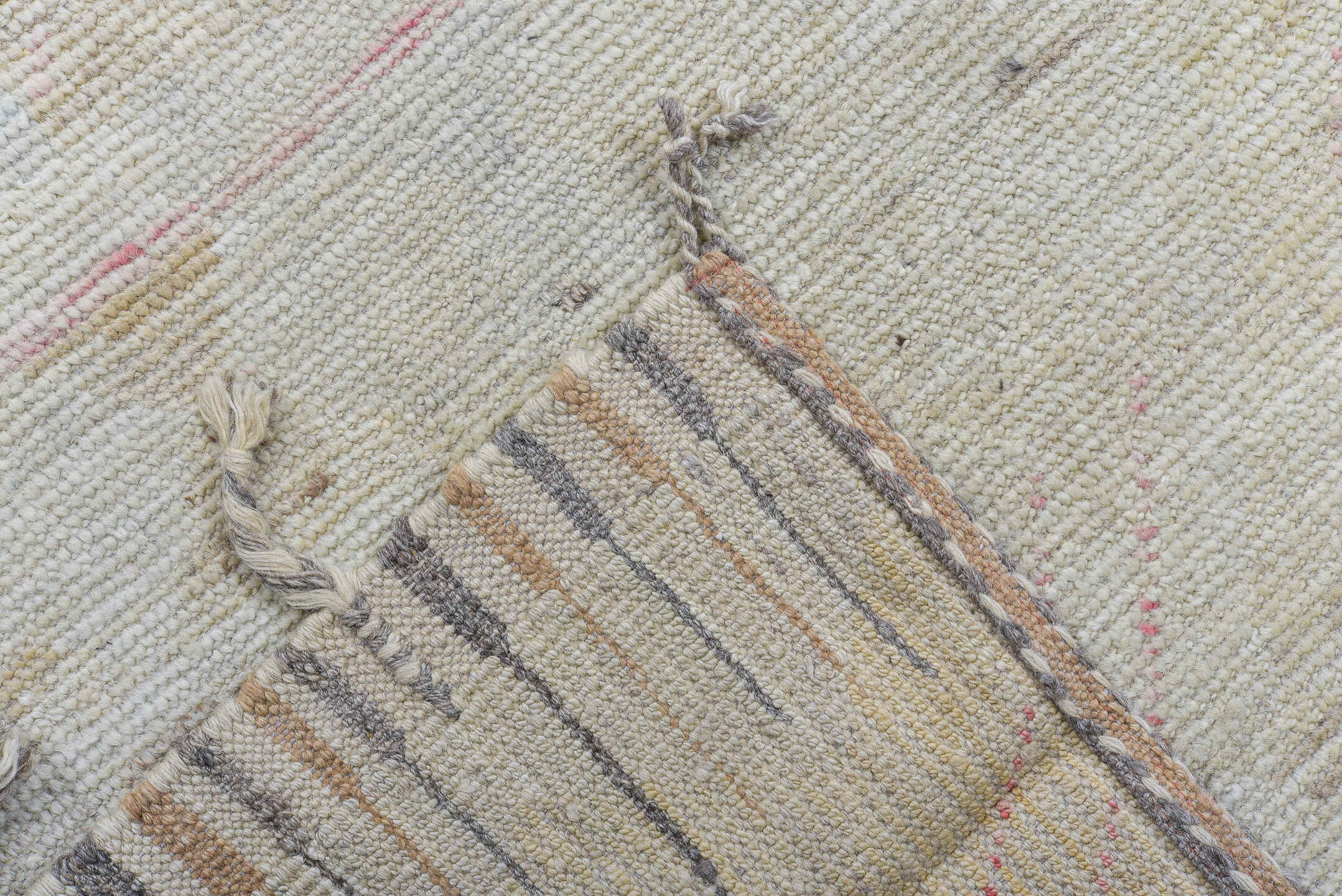 10' x 13' one-of-a-kind handmade vintage Tulu large size rug. Color palette: ivory, blush, pale gold, cream, taupe