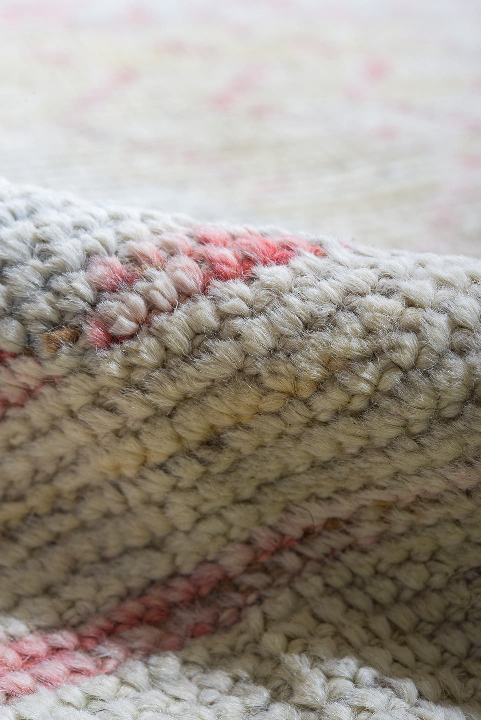 10' x 13' one-of-a-kind handmade vintage Tulu large size rug. Color palette: ivory, blush, pale gold, cream, taupe