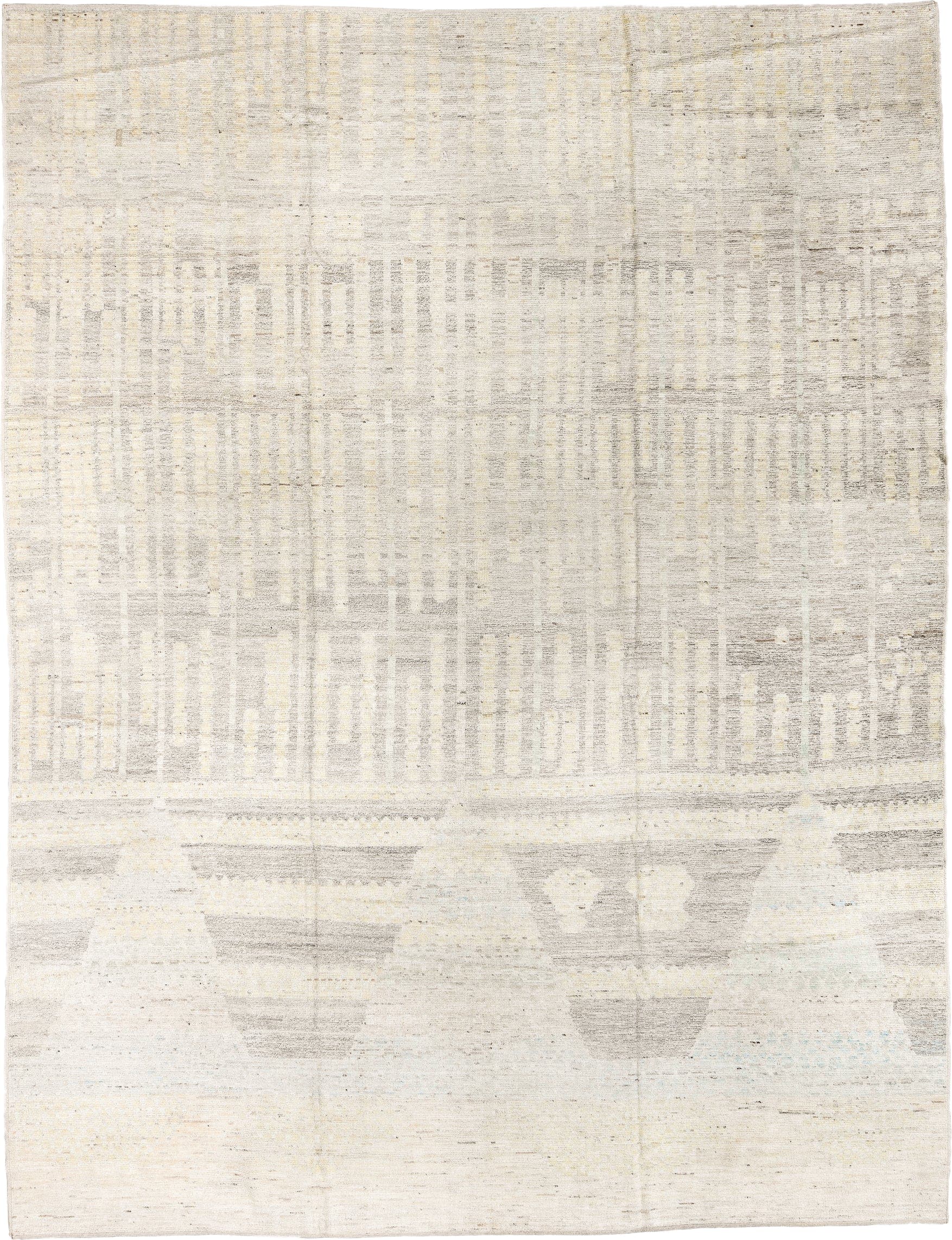 10' x 13' one-of-a-kind handmade vintage Tulu large size rug. Color palette: ivory, cream, light gray, taupe, pale blue
