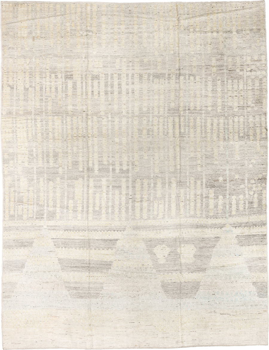 10' x 13' one-of-a-kind handmade vintage Tulu large size rug. Color palette: ivory, cream, light gray, taupe, pale blue