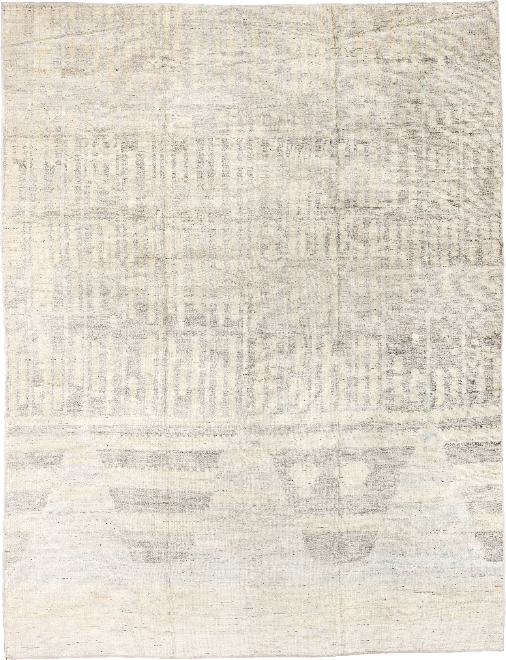 10' x 13' one-of-a-kind handmade vintage Tulu large size rug. Color palette: ivory, cream, light gray, taupe, pale blue