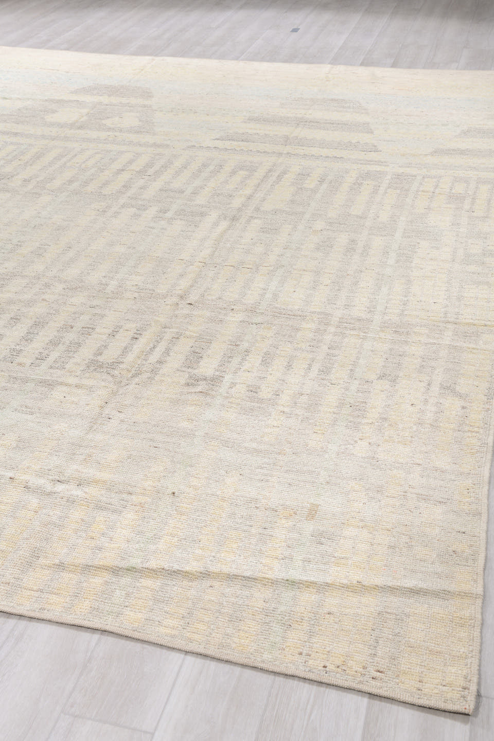 10' x 13' one-of-a-kind handmade vintage Tulu large size rug. Color palette: ivory, cream, light gray, taupe, pale blue