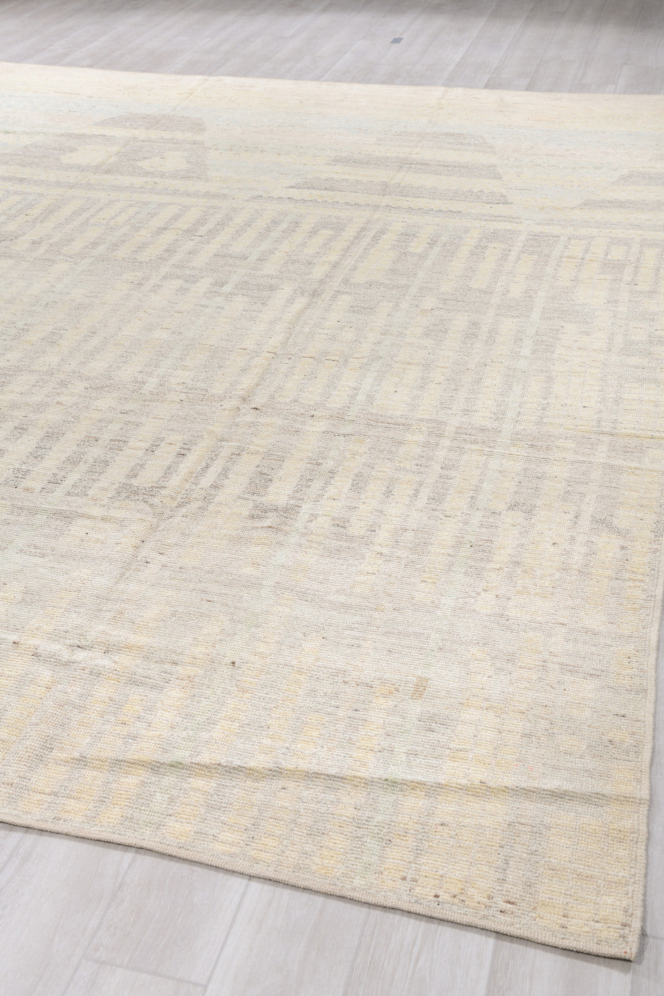 10' x 13' one-of-a-kind handmade vintage Tulu large size rug. Color palette: ivory, cream, light gray, taupe, pale blue