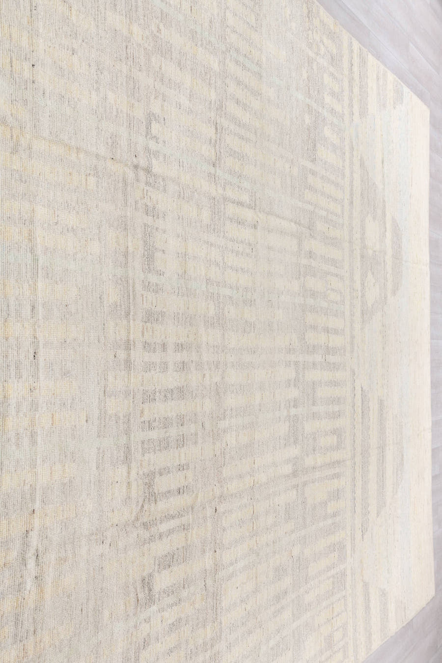 10' x 13' one-of-a-kind handmade vintage Tulu large size rug. Color palette: ivory, cream, light gray, taupe, pale blue