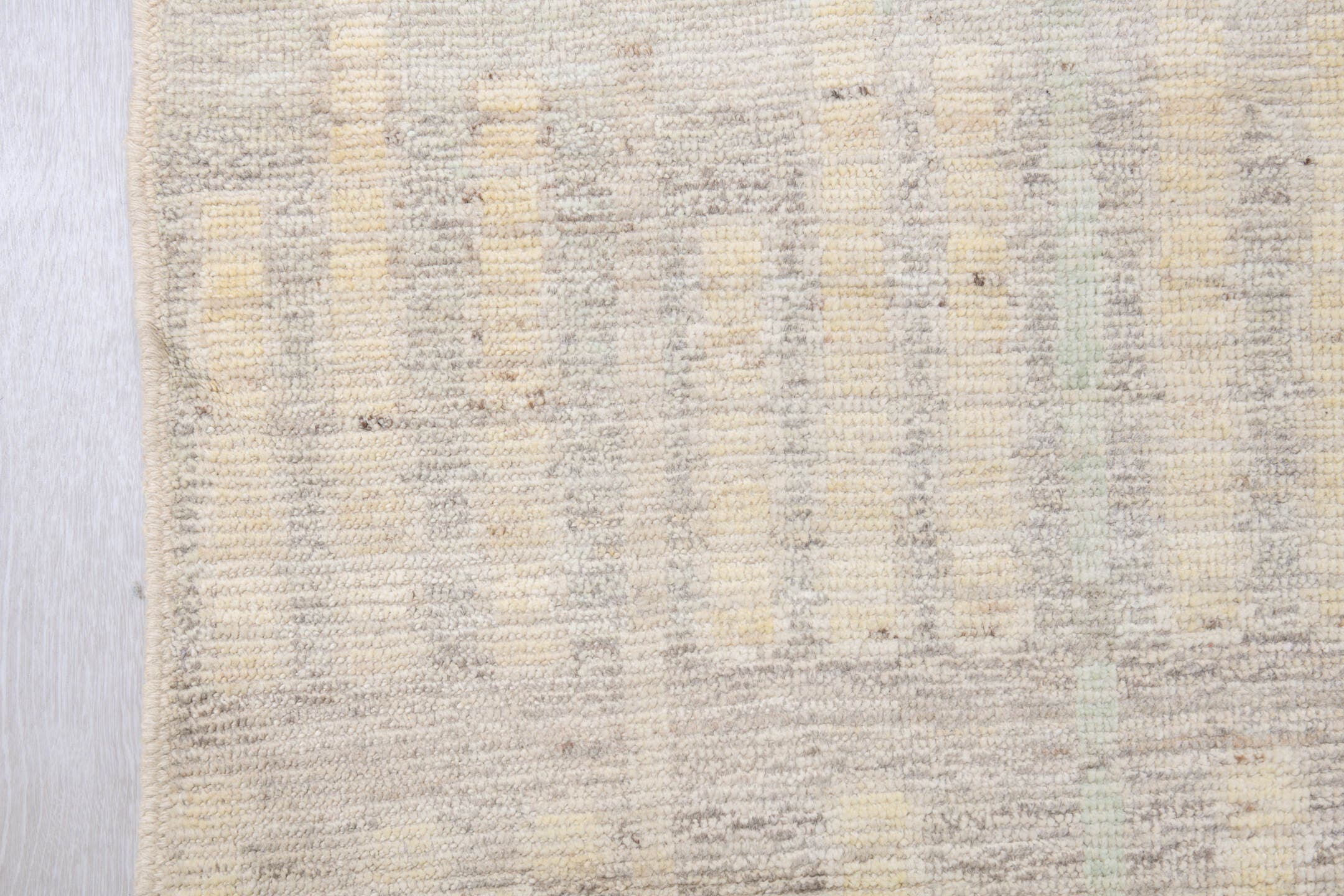 10' x 13' one-of-a-kind handmade vintage Tulu large size rug. Color palette: ivory, cream, light gray, taupe, pale blue
