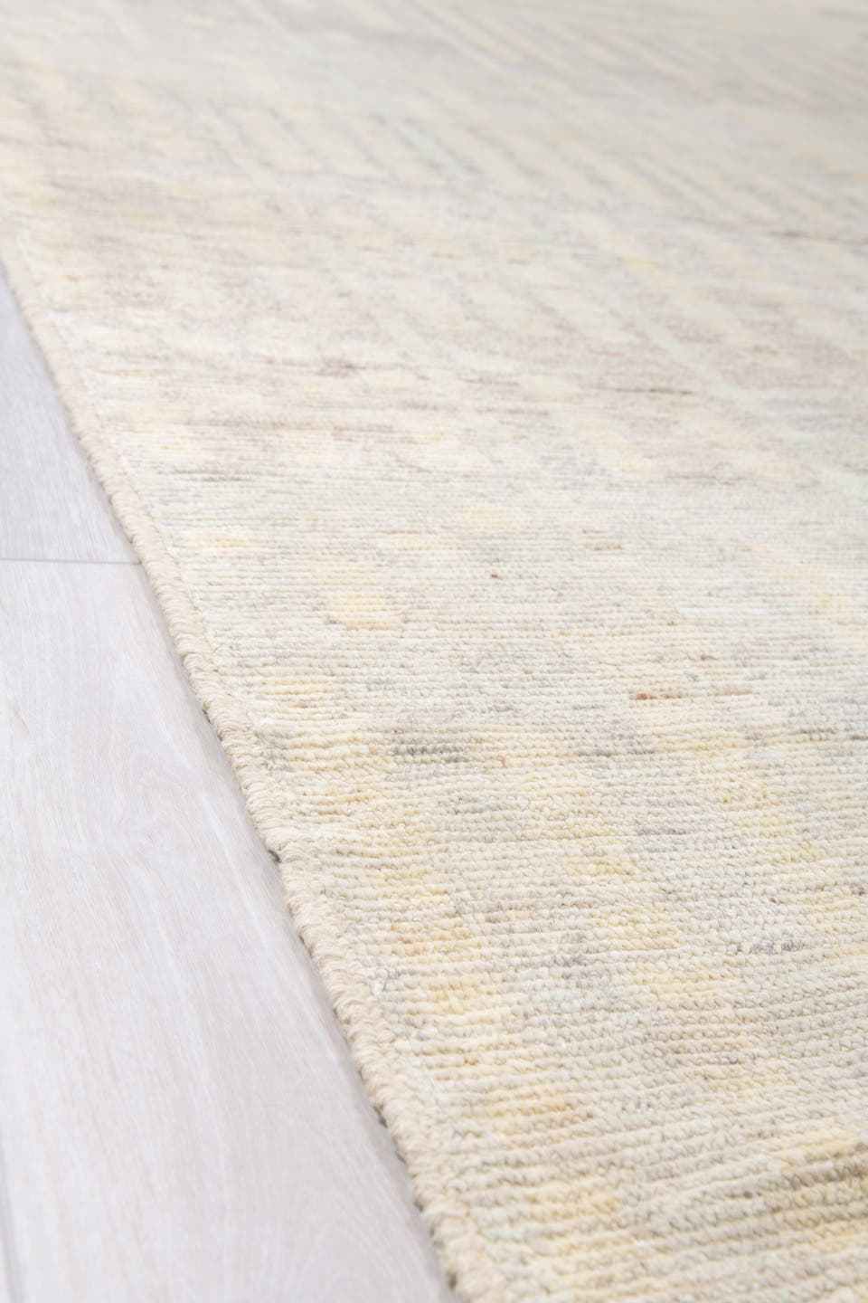 10' x 13' one-of-a-kind handmade vintage Tulu large size rug. Color palette: ivory, cream, light gray, taupe, pale blue