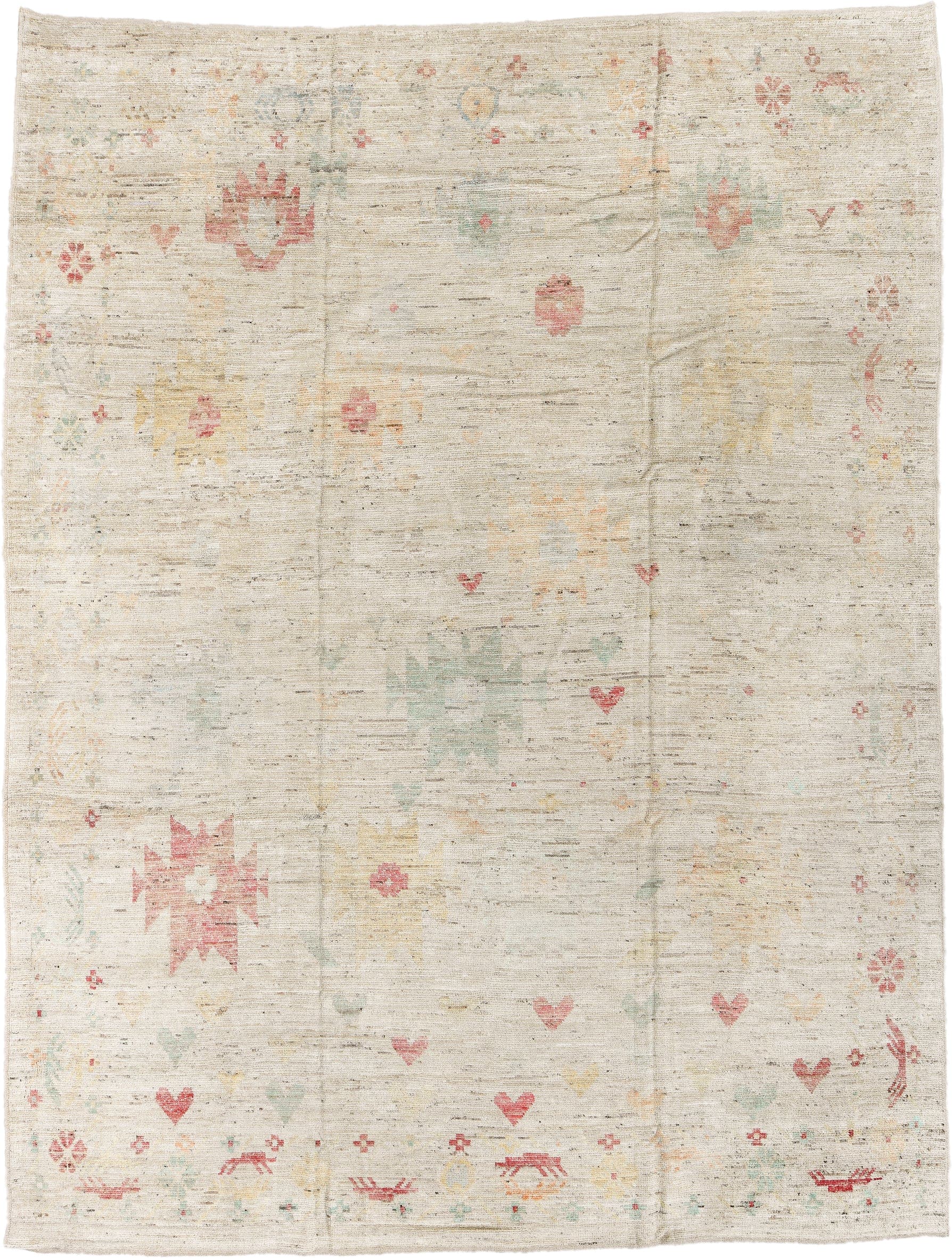 10' x 13' one-of-a-kind handmade vintage Tulu large size rug. Color palette: ivory, blush, pale sage, saffron, beige, pink