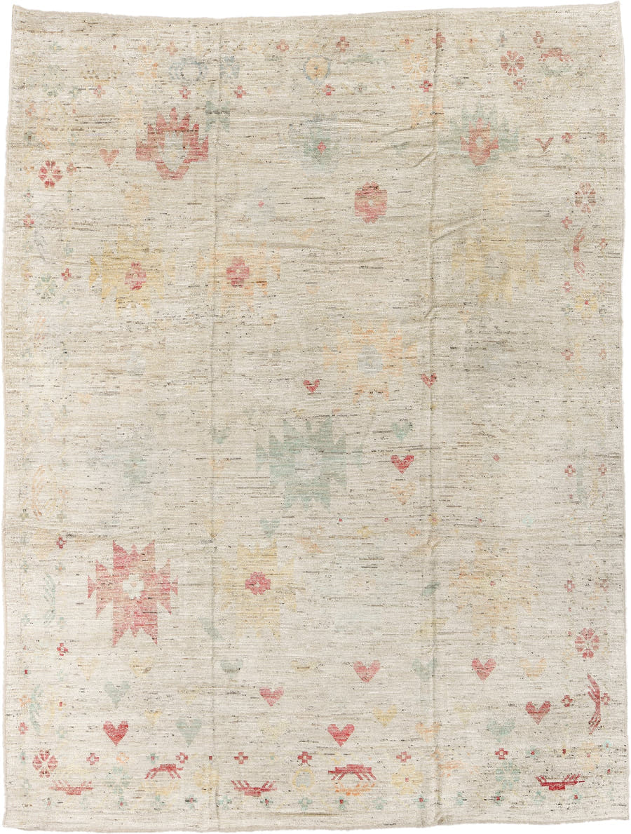 10' x 13' one-of-a-kind handmade vintage Tulu large size rug. Color palette: ivory, blush, pale sage, saffron, beige, pink