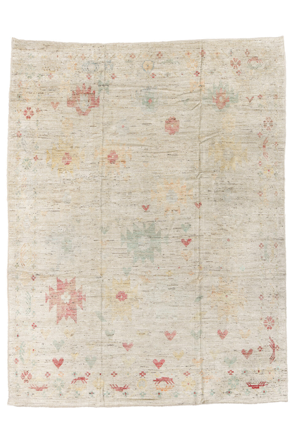 10' x 13' one-of-a-kind handmade vintage Tulu large size rug. Color palette: brown, gray, light gray, off-white, pink