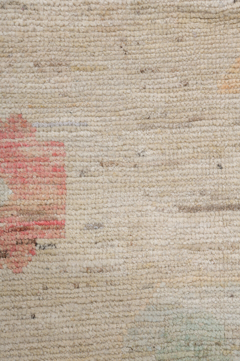 10' x 13' one-of-a-kind handmade vintage Tulu large size rug. Color palette: ivory, blush, pale sage, saffron, beige, pink