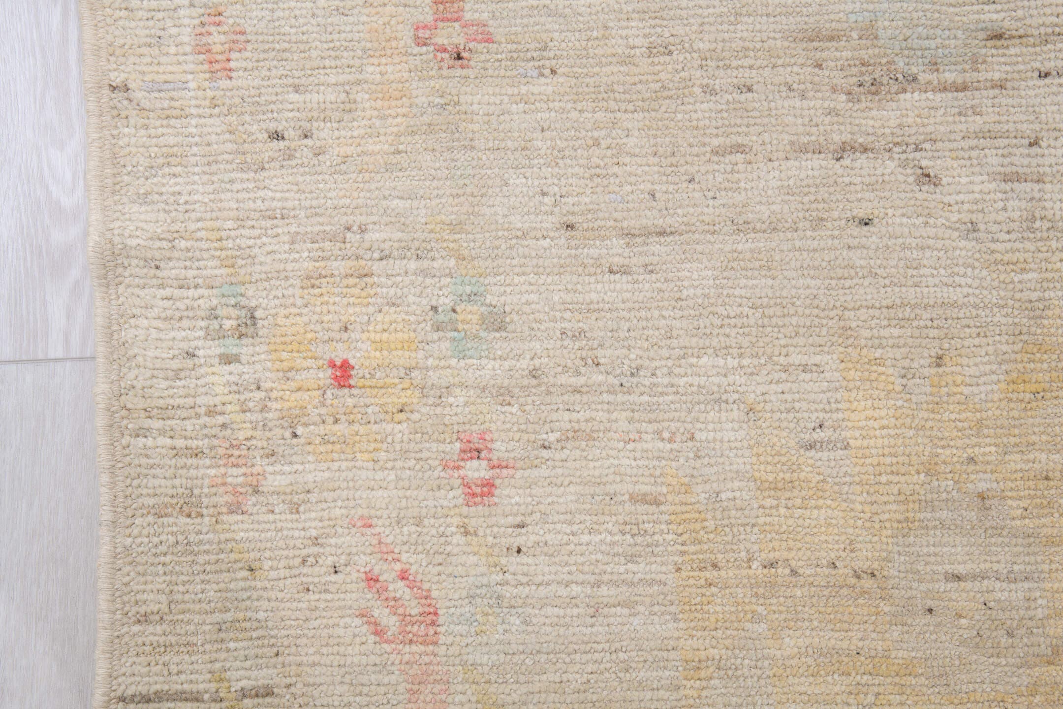 10' x 13' one-of-a-kind handmade vintage Tulu large size rug. Color palette: ivory, blush, pale sage, saffron, beige, pink