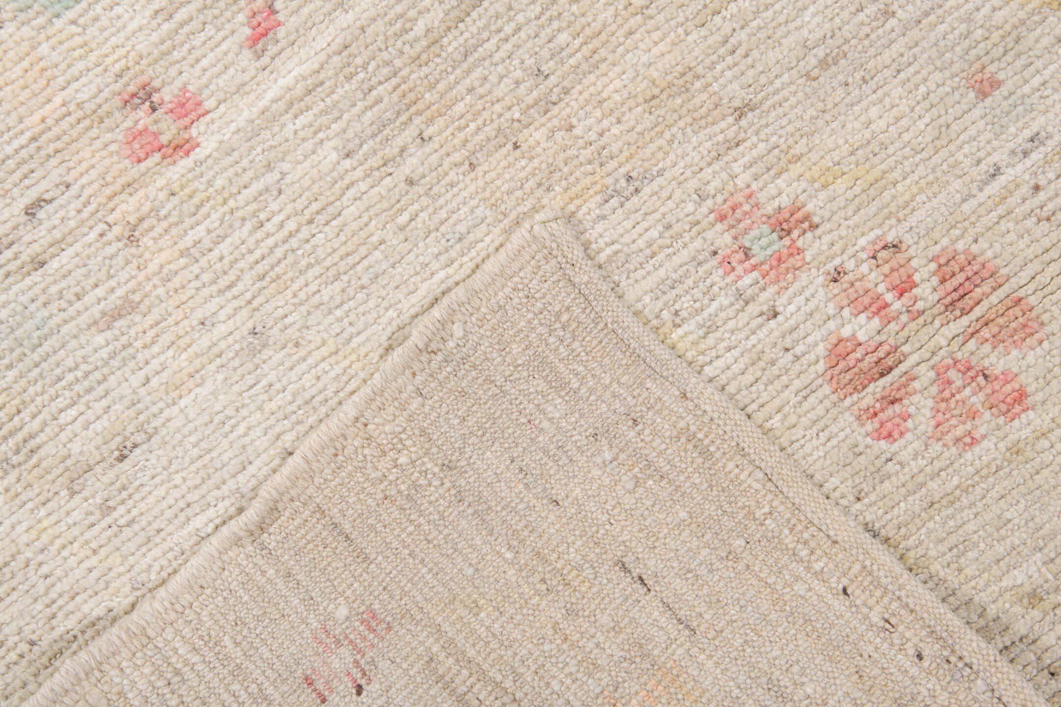 10' x 13' one-of-a-kind handmade vintage Tulu large size rug. Color palette: ivory, blush, pale sage, saffron, beige, pink