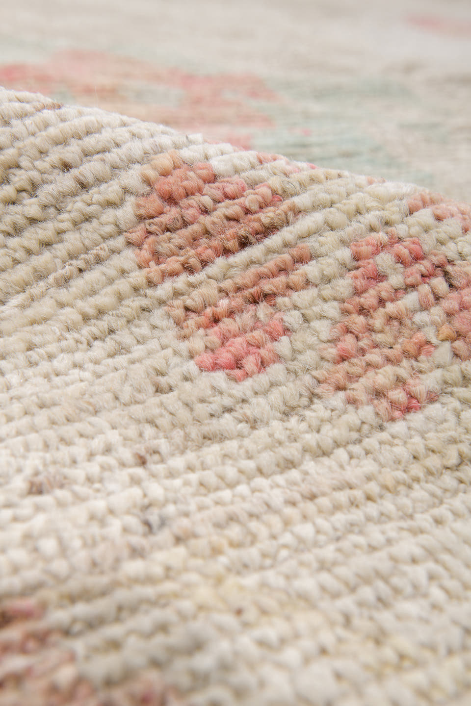 10' x 13' one-of-a-kind handmade vintage Tulu large size rug. Color palette: ivory, blush, pale sage, saffron, beige, pink