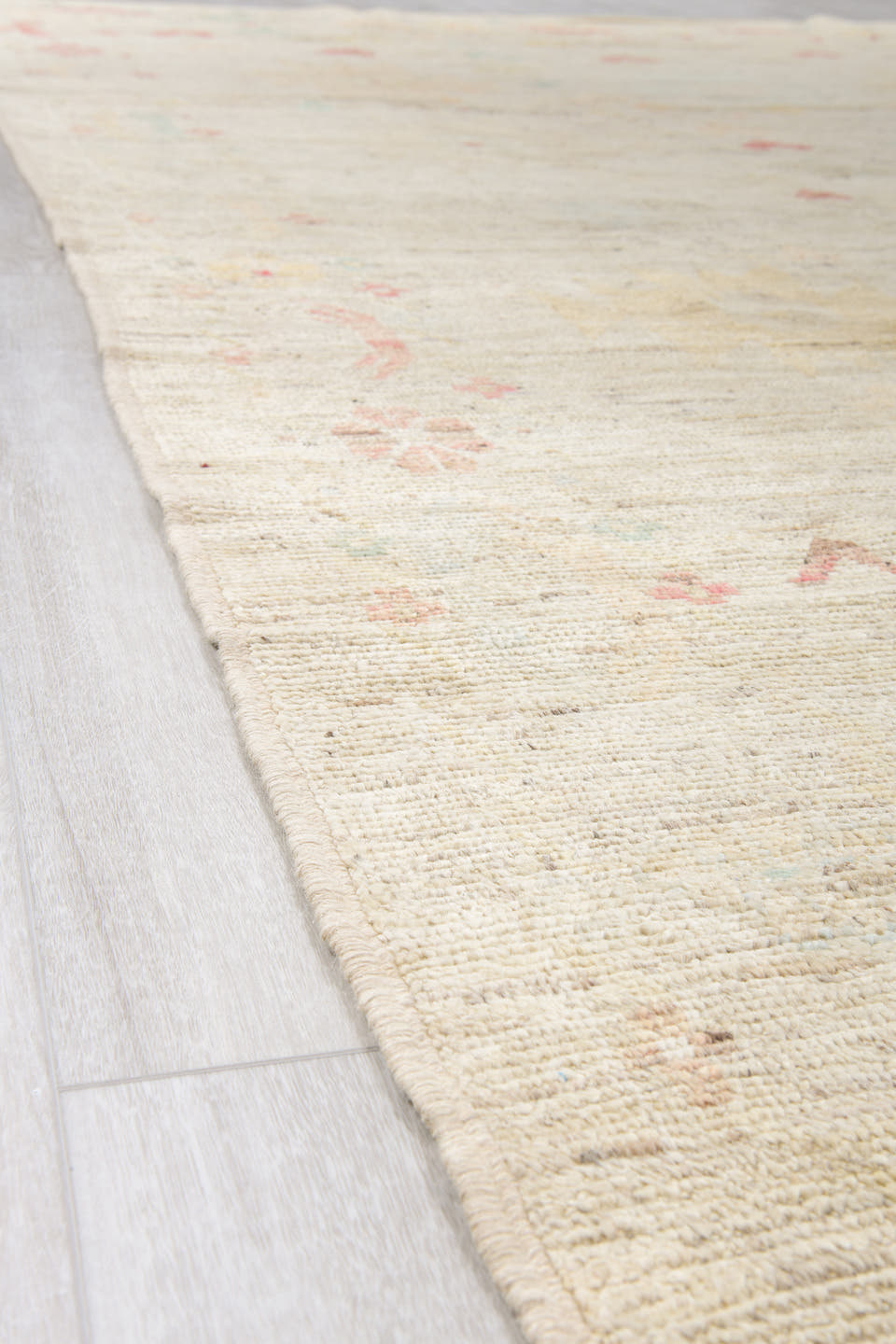 10' x 13' one-of-a-kind handmade vintage Tulu large size rug. Color palette: ivory, blush, pale sage, saffron, beige, pink