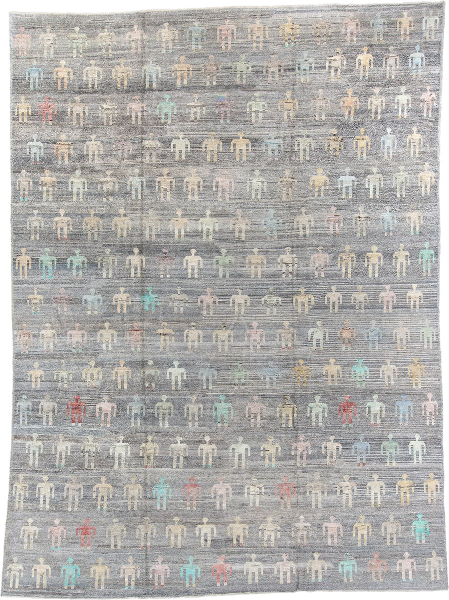 10' x 13' one-of-a-kind handmade vintage Tulu large size rug. Color palette: gray, ivory, pale blue, blush, saffron, coral