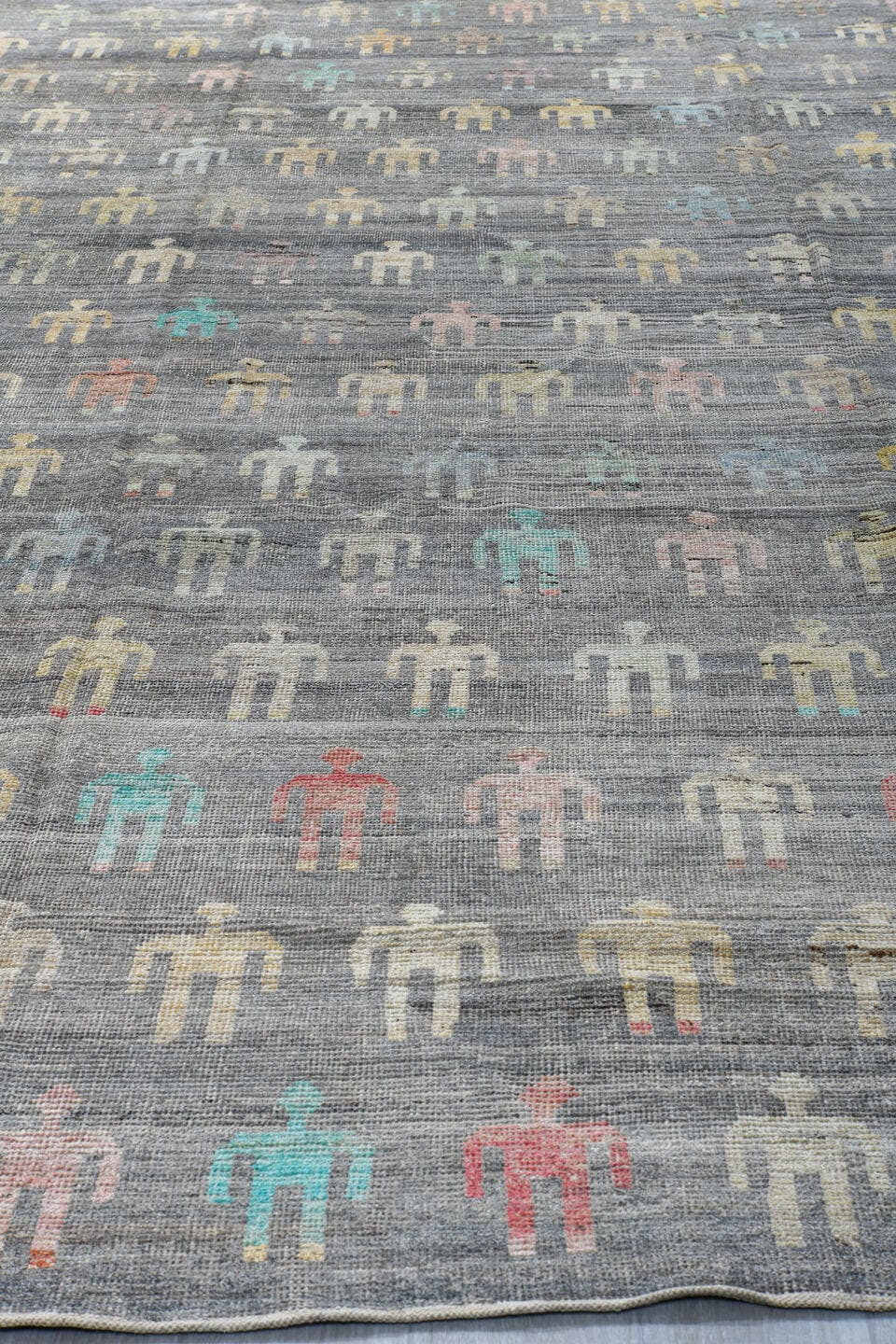 10' x 13' one-of-a-kind handmade vintage Tulu large size rug. Color palette: gray, ivory, pale blue, blush, saffron, coral