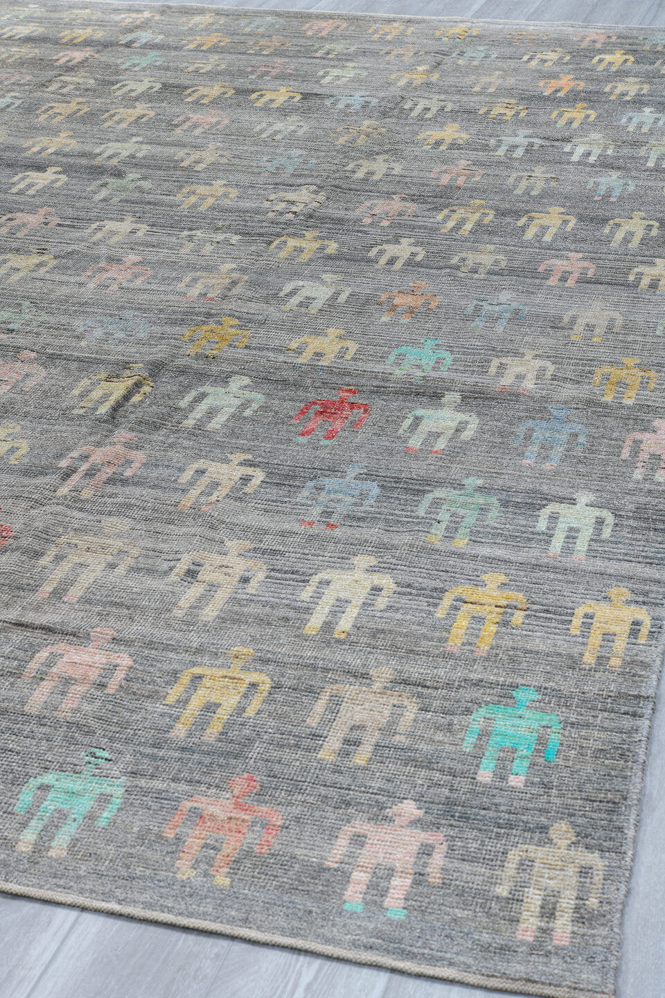 10' x 13' one-of-a-kind handmade vintage Tulu large size rug. Color palette: gray, ivory, pale blue, blush, saffron, coral