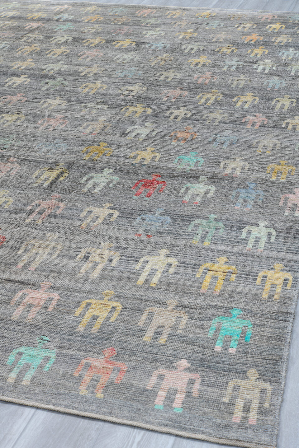 10' x 13' one-of-a-kind handmade vintage Tulu large size rug. Color palette: gray, ivory, pale blue, blush, saffron, coral