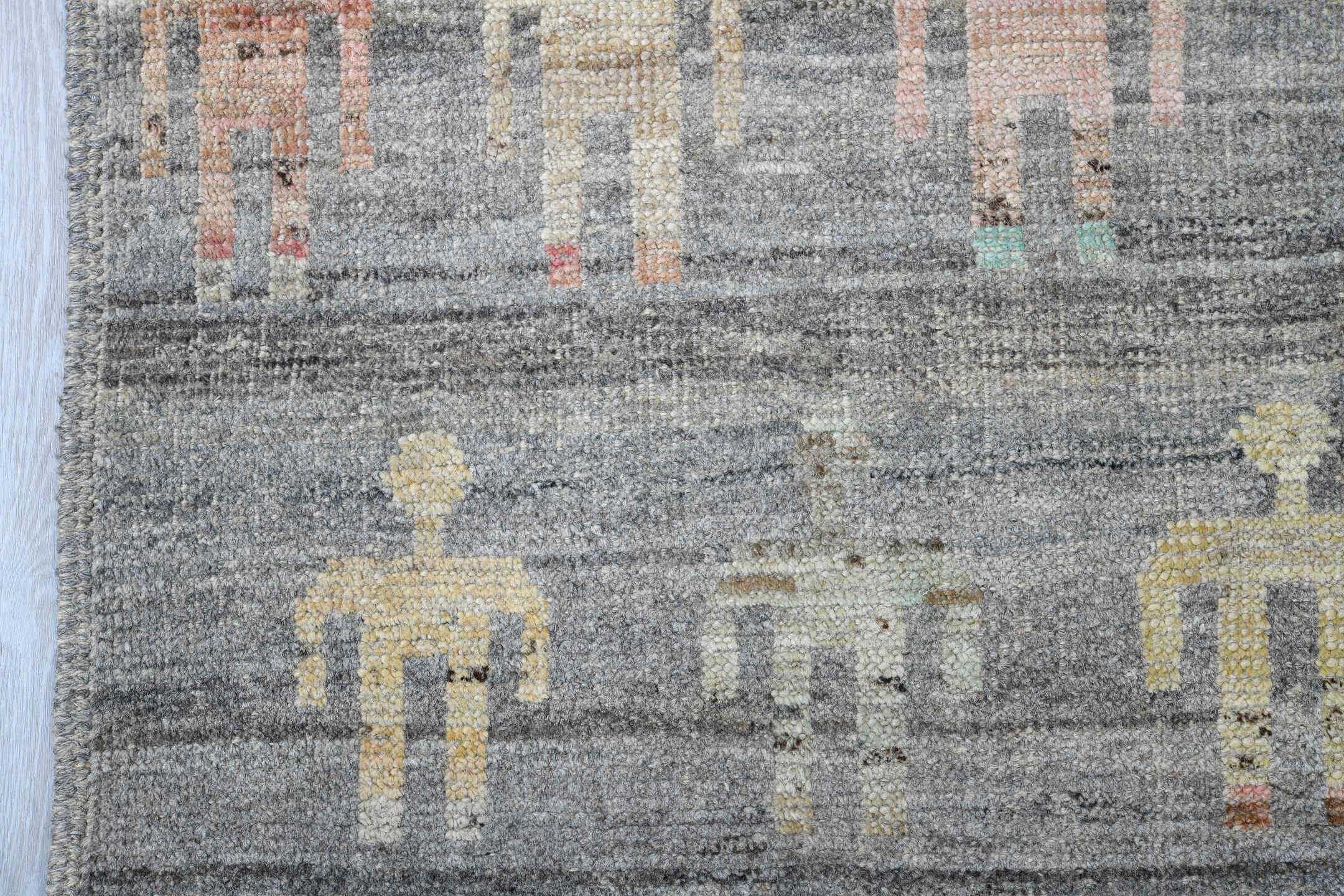 10' x 13' one-of-a-kind handmade vintage Tulu large size rug. Color palette: gray, ivory, pale blue, blush, saffron, coral