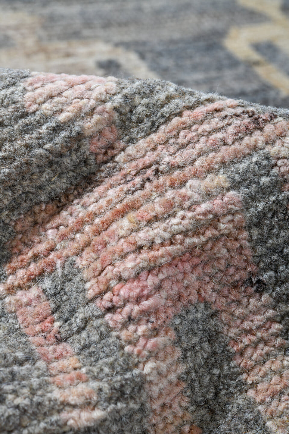 10' x 13' one-of-a-kind handmade vintage Tulu large size rug. Color palette: gray, ivory, pale blue, blush, saffron, coral